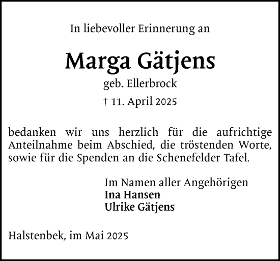 Traueranzeige von Marga Gätjens von Region Pinneberg und tip Pinneberg