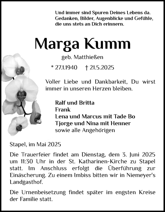Traueranzeige von Marga Kumm von Husumer Nachrichten, Nordfriesland Tageblatt