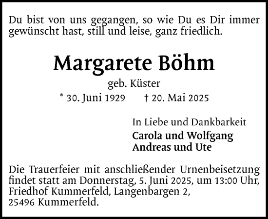 Traueranzeige von Margarete Böhm von Region Pinneberg und tip Pinneberg