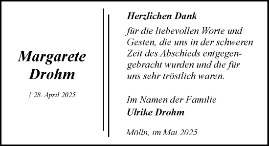 Traueranzeige von Margarete Drohm von MARKT Ratzeburg/Mölln