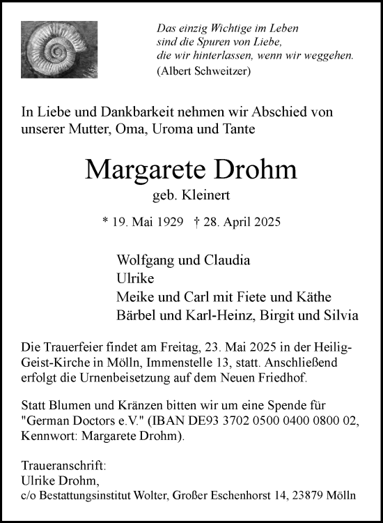 Traueranzeige von Margarete Drohm von MARKT Ratzeburg/Mölln