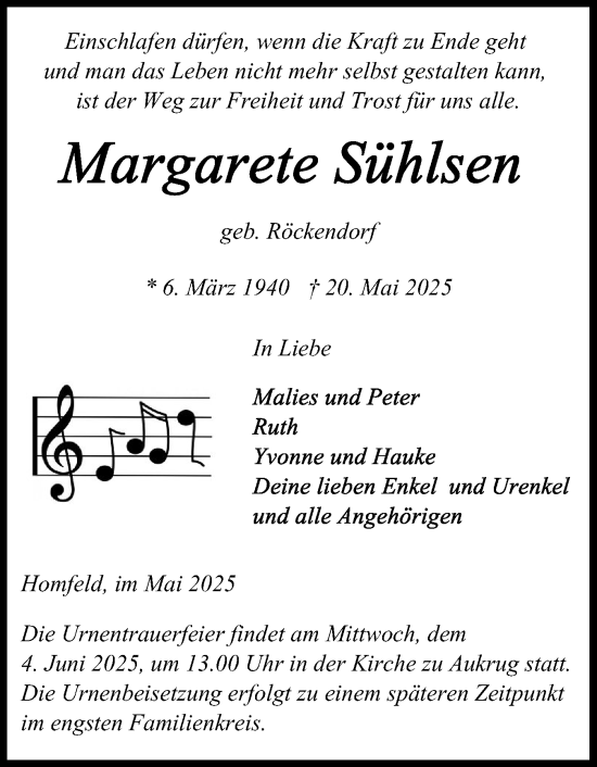 Traueranzeige von Margarete Sühlsen von Schleswig-Holsteinische Landeszeitung