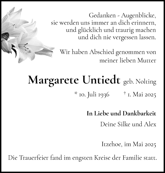 Traueranzeige von Margarete Untiedt von Norddeutsche Rundschau, Wilstersche Zeitung, Glückstädter Fortuna