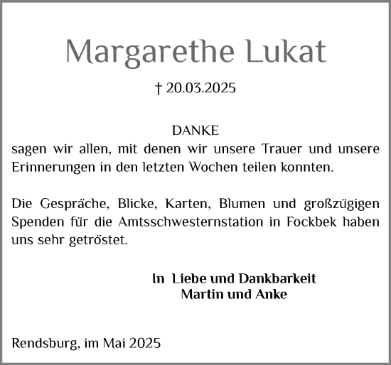 Traueranzeige von Margarethe Lukat von Schleswig-Holsteinische Landeszeitung