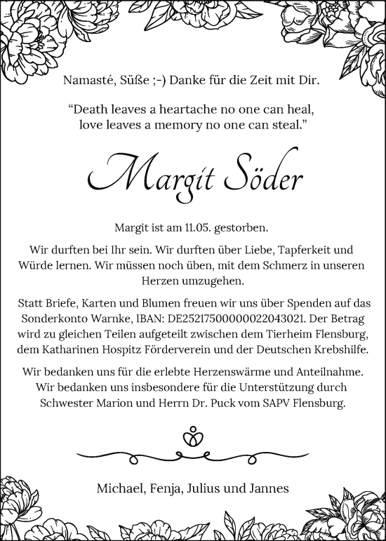 Traueranzeige von Margit Söder von Flensburger Tageblatt