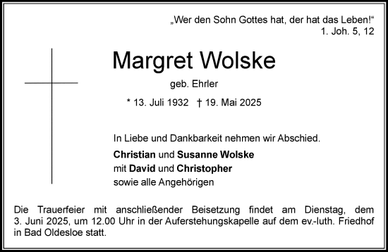 Traueranzeige von Margret Wolske von MARKT Bad Oldesloe/Reinfeld und Stormarner Tageblatt