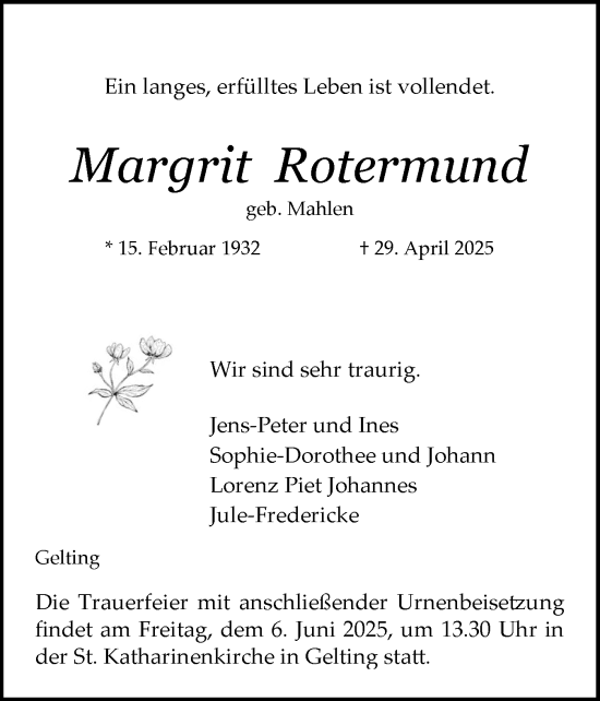 Traueranzeige von Margrit Rotermund von Flensburger Tageblatt, Schleswiger Nachrichten, Schlei-Bote
