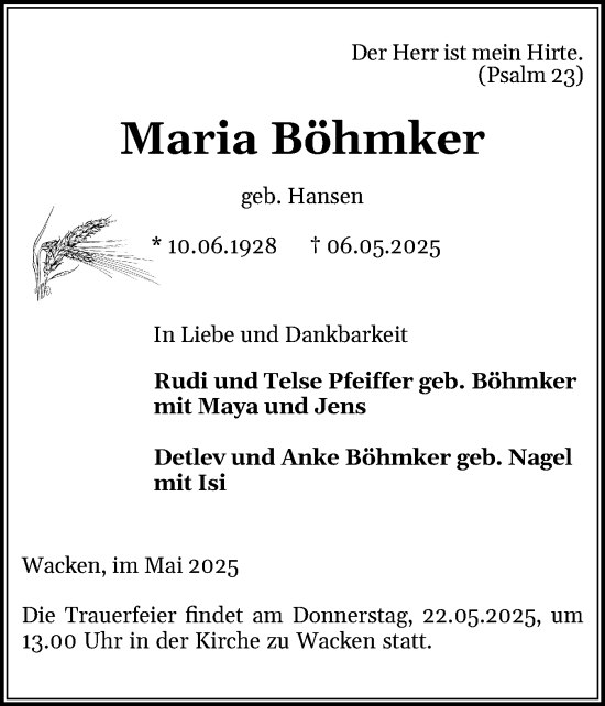 Traueranzeige von Maria Böhmker von Norddeutsche Rundschau, Wilstersche Zeitung, Glückstädter Fortuna
