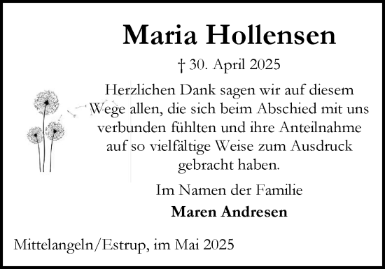 Traueranzeige von Maria Hollensen von Flensburger Tageblatt
