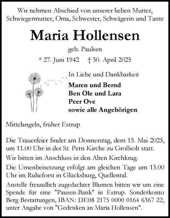 Traueranzeige von Maria Hollensen von Flensburger Tageblatt