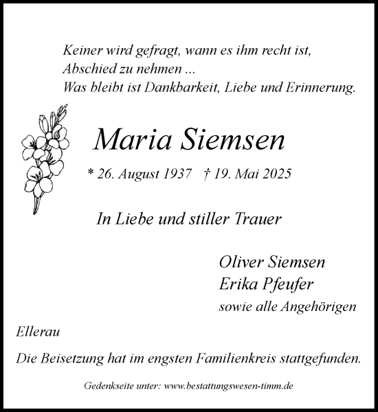 Traueranzeige von Maria Siemsen von Umschau