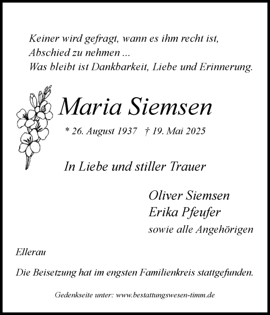 Traueranzeige von Maria Siemsen von Region Pinneberg und tip Pinneberg