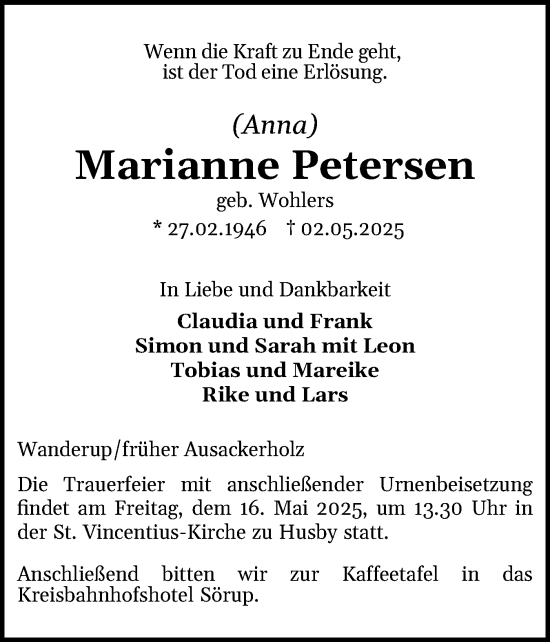 Traueranzeige von Marianne Petersen von Flensburger Tageblatt