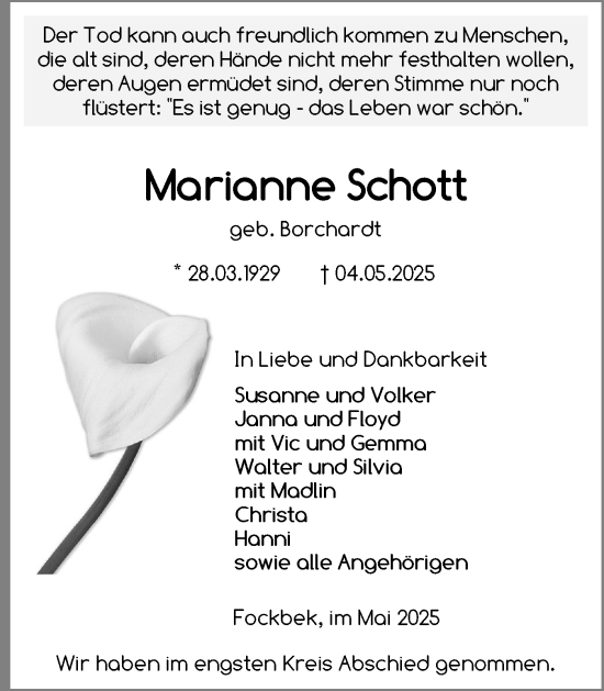 Traueranzeige von Marianne Schott von Schleswig-Holsteinische Landeszeitung