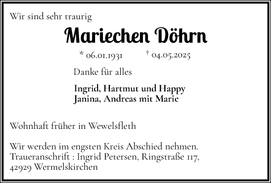 Traueranzeige von Mariechen Döhrn von Norddeutsche Rundschau, Wilstersche Zeitung, Glückstädter Fortuna