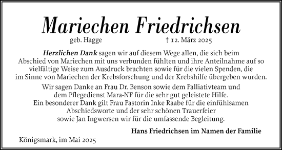 Traueranzeige von Mariechen Friedrichsen von Husumer Nachrichten, Nordfriesland Tageblatt