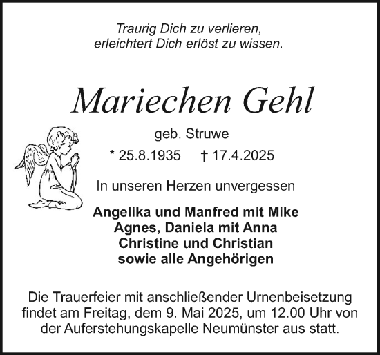 Traueranzeige von Mariechen Gehl von Holsteinischer Courier