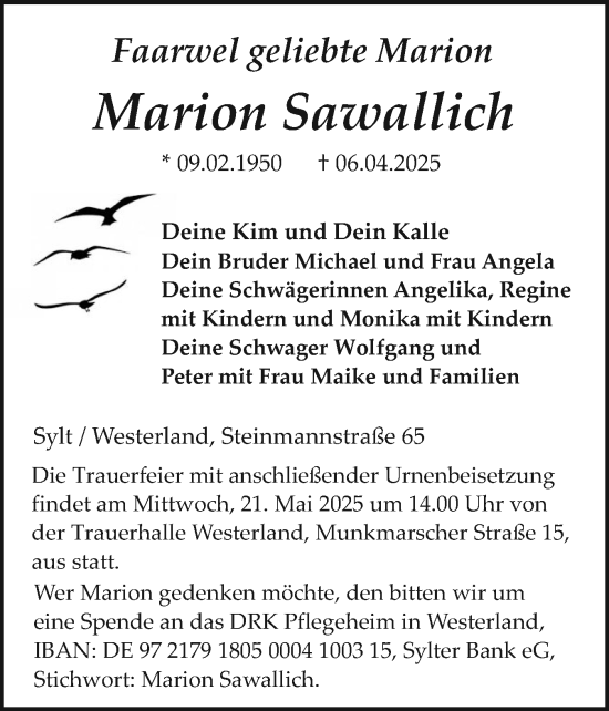 Traueranzeige von Marion Sawallich von Sylter Rundschau