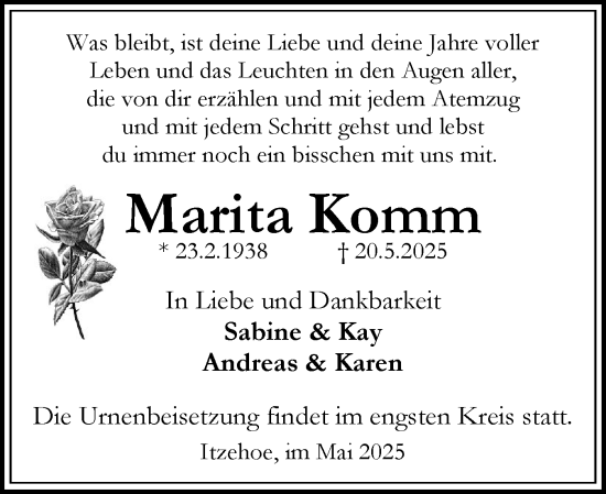 Traueranzeige von Marita Komm von Norddeutsche Rundschau, Wilstersche Zeitung, Glückstädter Fortuna