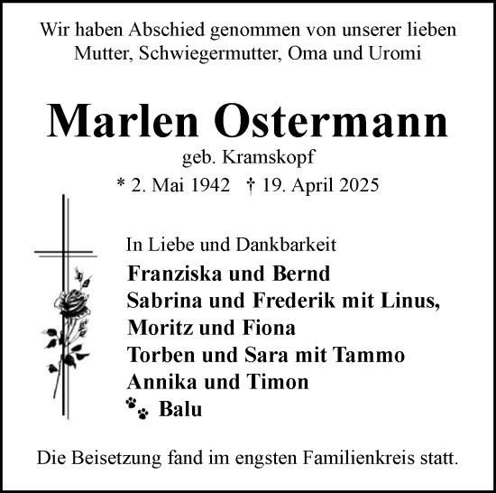 Traueranzeige von Marlen Ostermann von Eckernförder Zeitung, Hallo Eckernförde