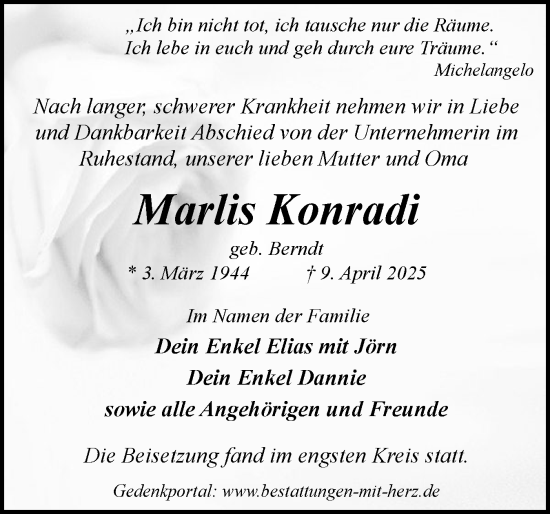 Traueranzeige von Marlis Konradi von Flensburger Tageblatt