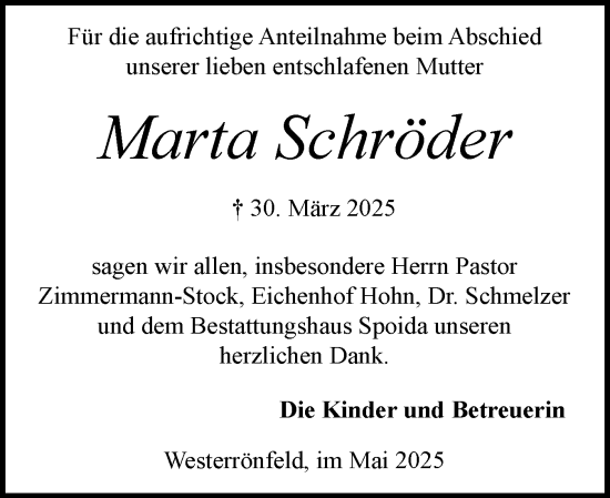 Traueranzeige von Marta Schröder von Schleswig-Holsteinische Landeszeitung