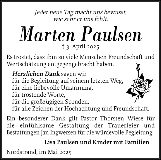 Traueranzeige von Marten Paulsen von Husumer Nachrichten, Nordfriesland Tageblatt