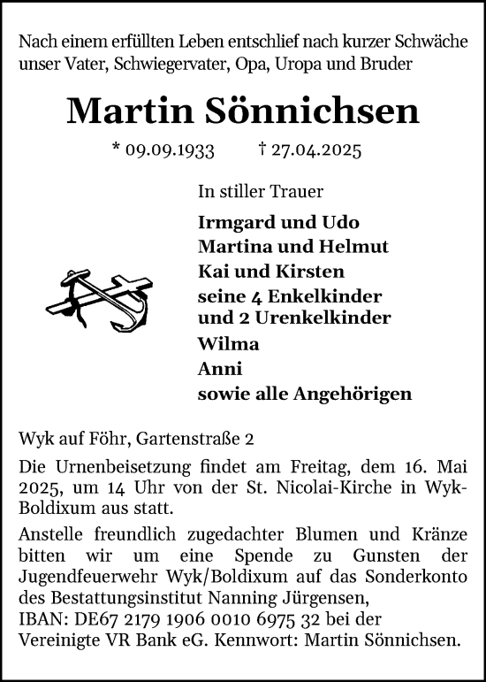 Traueranzeige von Martin Sönnichsen von Der Insel-Bote