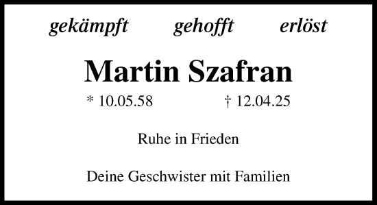 Traueranzeige von Martin Szafran von Umschau