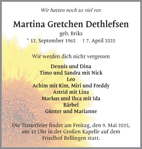 Traueranzeige von Martina Gretchen Dethlefsen von Region Pinneberg und tip Pinneberg
