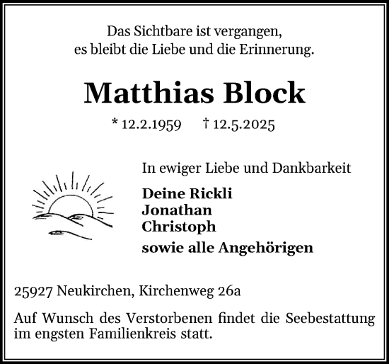 Traueranzeige von Matthias Block von Husumer Nachrichten, Nordfriesland Tageblatt