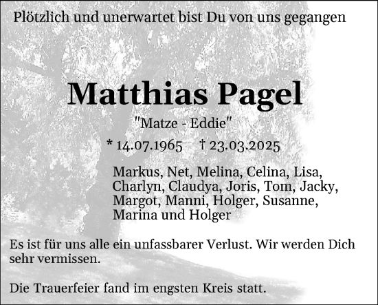 Traueranzeige von Matthias Pagel von Region Pinneberg und tip Pinneberg