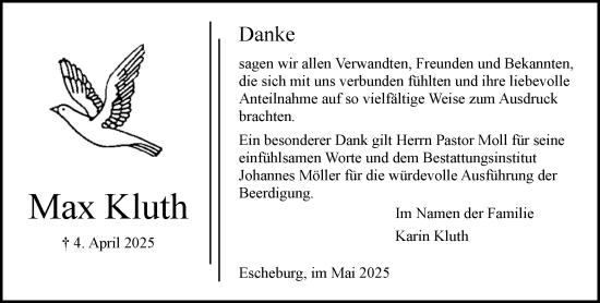 Traueranzeige von Max Kluth von Wochenend Anzeiger