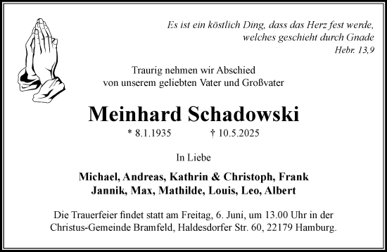 Traueranzeige von Meinhard Schadowski von Wochenend Anzeiger