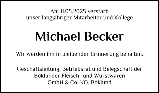 Traueranzeige von Michael Becker von Flensburger Tageblatt, Schleswiger Nachrichten, Schlei-Bote