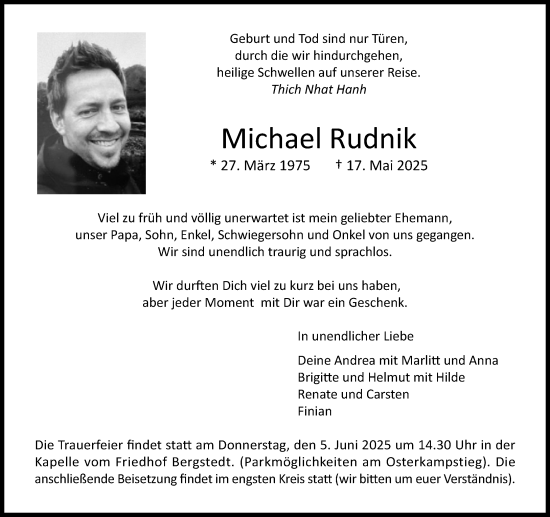 Traueranzeige von Michael Rudnik von MARKT Ahrensburg/Bargteheide/Trittau und Stormarner Tageblatt
