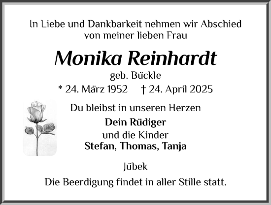 Traueranzeige von Monika Reinhardt von Schleswiger Nachrichten, Schlei-Bote