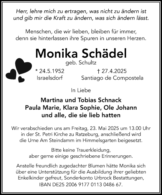 Traueranzeige von Monika Schädel von MARKT Ratzeburg/Mölln