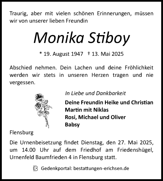 Traueranzeige von Monika Stiboy von Flensburger Tageblatt