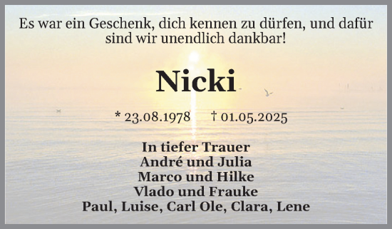 Traueranzeige von Nicki  von Holsteinischer Courier