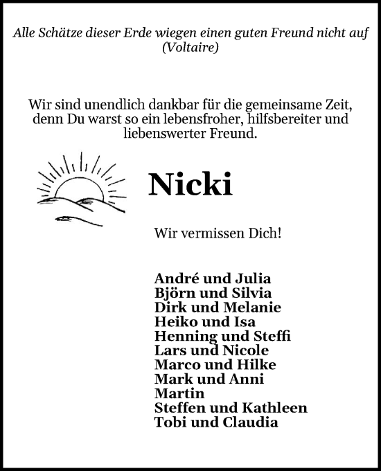 Traueranzeige von Nicki  von Holsteinischer Courier