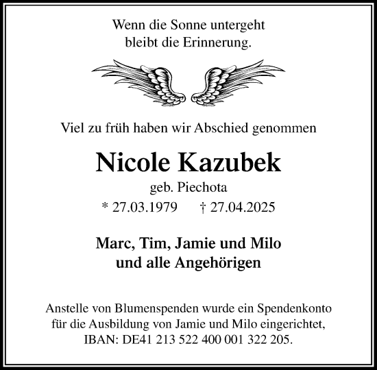 Traueranzeige von Nicole Kazubek von MARKT Bad Oldesloe/Reinfeld und Stormarner Tageblatt