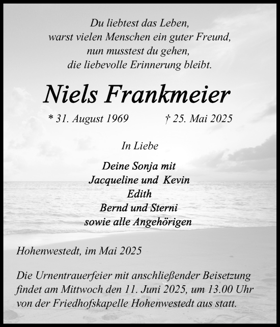Traueranzeige von Niels Frankmeier von Schleswig-Holsteinische Landeszeitung