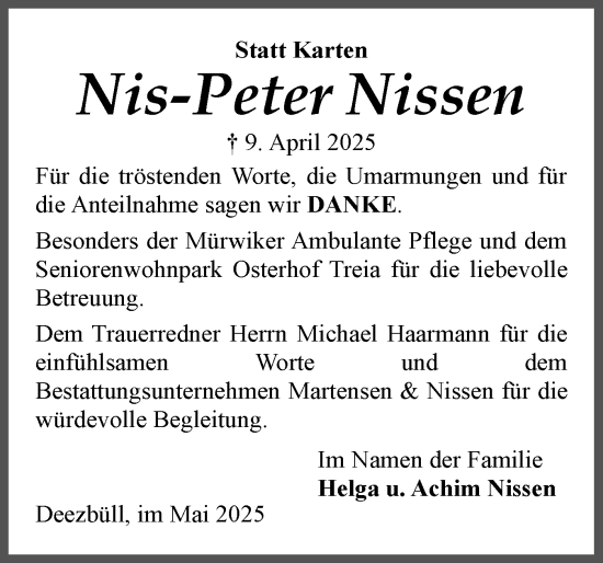 Traueranzeige von Nis-Peter Nissen von Husumer Nachrichten, Nordfriesland Tageblatt
