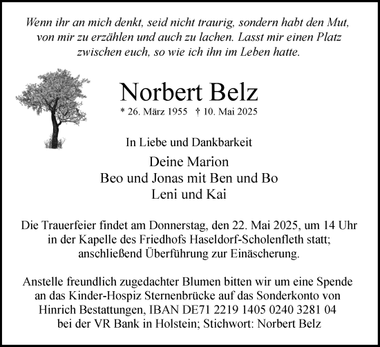 Traueranzeige von Norbert Belz von Uetersener Nachrichten, Der tip am Wochenende