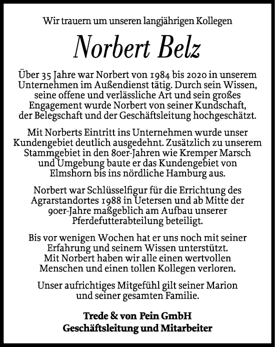 Traueranzeige von Norbert Belz von A. Beig Gesamtausgabe