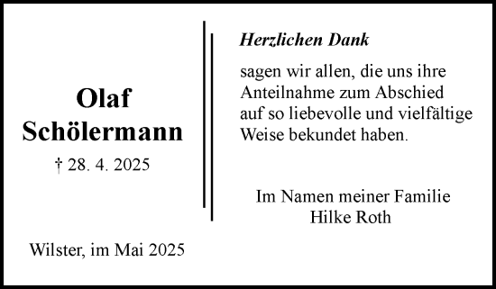 Traueranzeige von Olaf Schölermann von Norddeutsche Rundschau, Wilstersche Zeitung, Glückstädter Fortuna