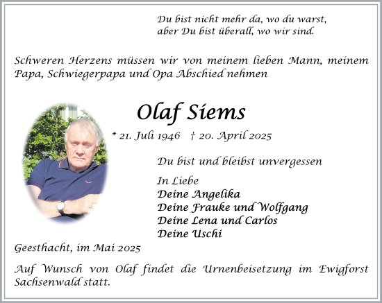 Traueranzeige von Olaf Siems von Wochenend Anzeiger