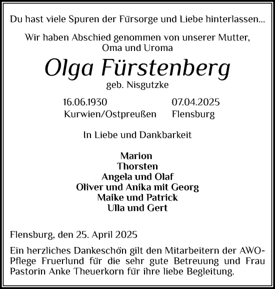 Traueranzeige von Olga Fürstenberg von Flensburger Tageblatt