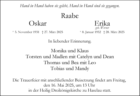 Traueranzeige von Oskar Raabe von Uetersener Nachrichten, Der tip am Wochenende